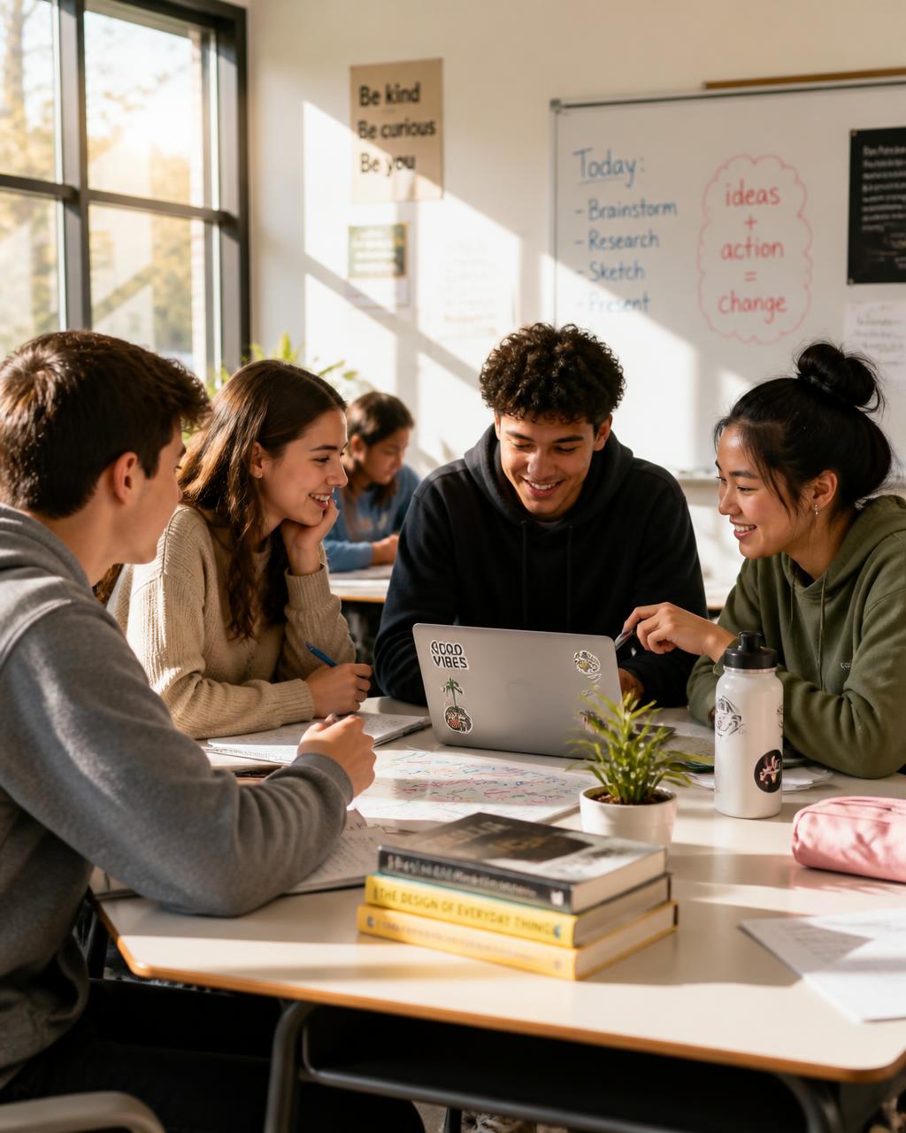 Students collaborating in a bright, modern classroom with warm natural light