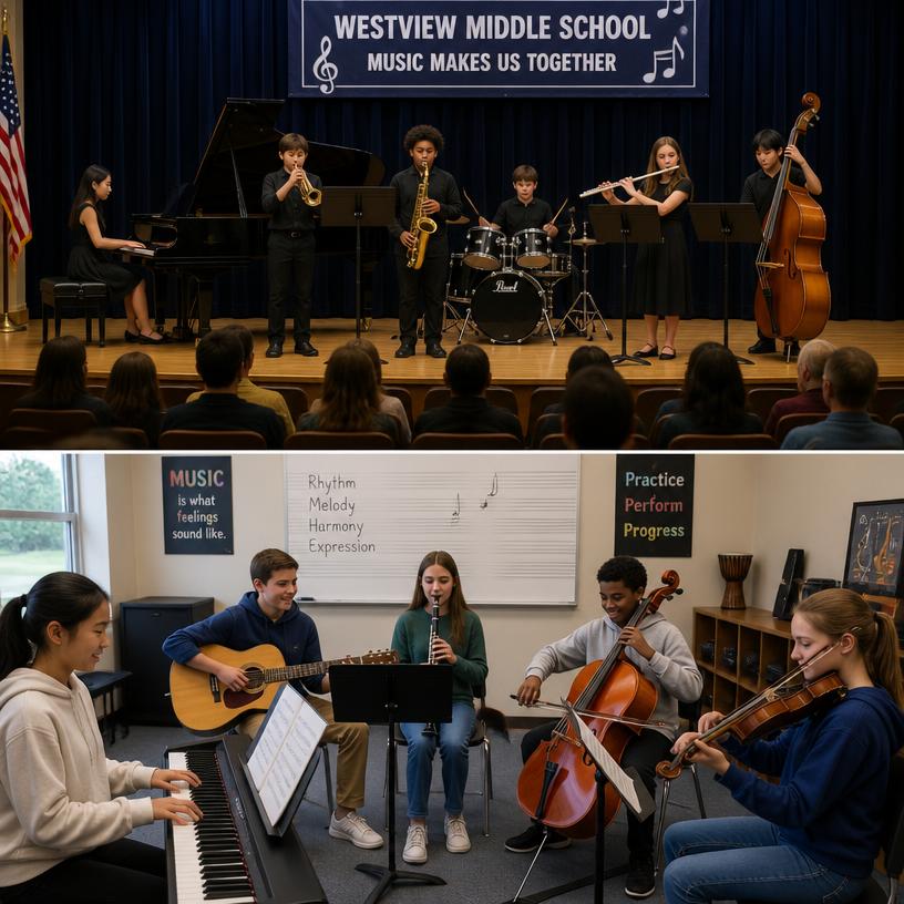 Students making music together in a school auditorium and music room