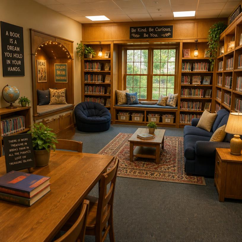 A cozy school library with warm wooden shelves and comfortable reading nooks