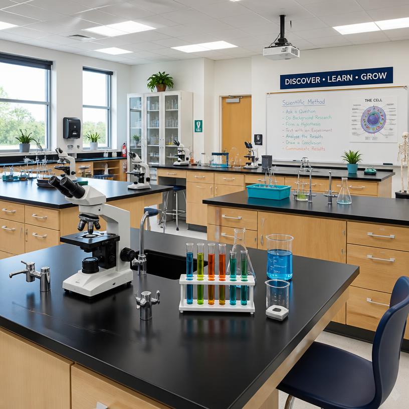 A bright, modern school science laboratory with microscopes and equipment