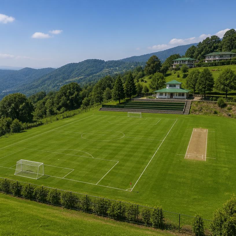 A green school football and cricket field set on a hillside